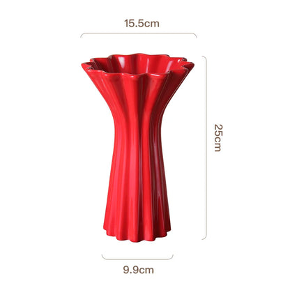 Decorbites™ Geometrisches Faltenmuster Keramikvase Rotes Blumenarrangement Terrarium Wohnraumausstattung