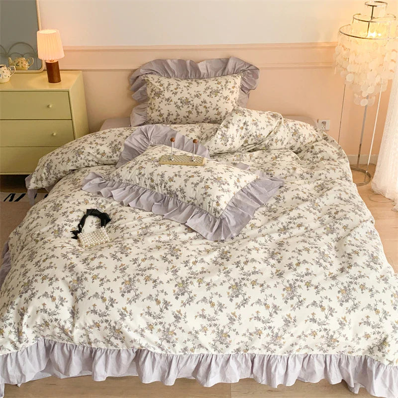 Decorbites™ Französisches Blumen-Motiv Baumwoll-Bettwäsche-Set mit großen Spitzenvolants, Frische Blumen