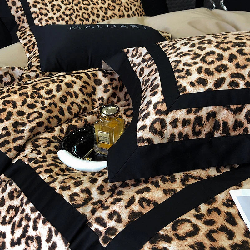 Decorbites™ Leopard-Muster Lyocell-Baumwoll-Bettwäsche-Set, Luxus-Daunenbezug, Laken & Kissenbezüge