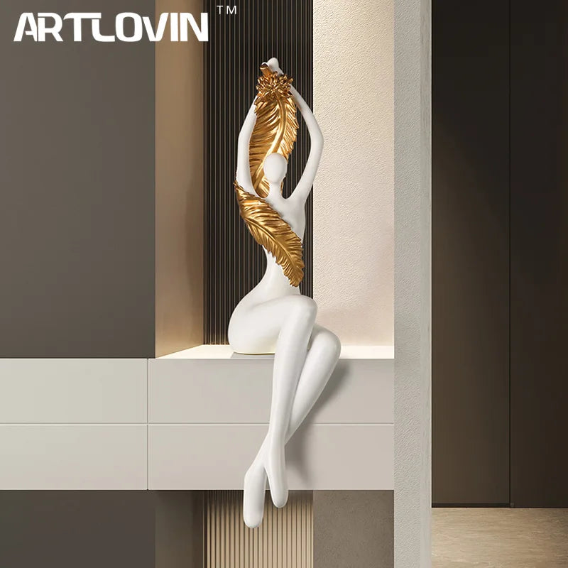 Decorbites™ Große Nackte Federbekleidete Körperskulptur | Moderne Abstrakte Sitzende Figurin-Statuen