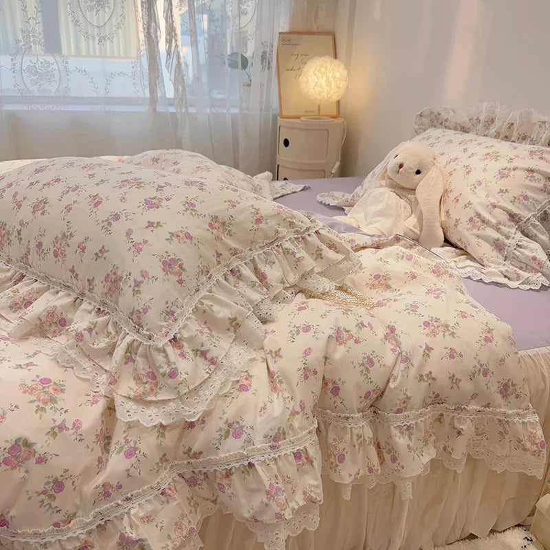Decorbites™ Koreanische Prinzessin-Stil Blumen-Spitzen-Volants-Bettwäsche-Set mit Kissenbezug
