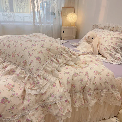 Decorbites™ Koreanische Prinzessin-Stil Blumen-Spitzen-Volants-Bettwäsche-Set mit Kissenbezug