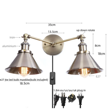 Decorbites™ Industrielle Vintage LED Wandlampe 2 Köpfe Gold Eisen Loft Wandlampen