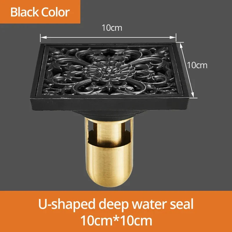 Decorbites™ Schwarze Messing Duschraster Ablauf Abdeckung Boden Quadratisch Kunstvoll Geschnitztes Gitter Becken SY-073R