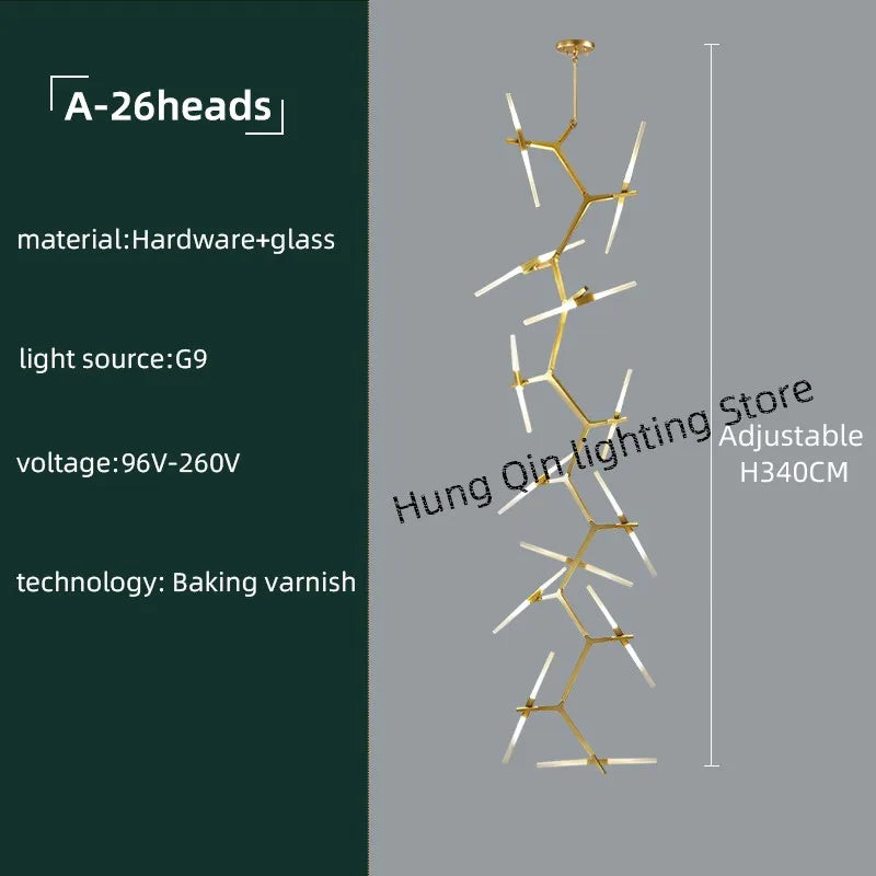 Gold Branch LED Chandelier For Staircase
