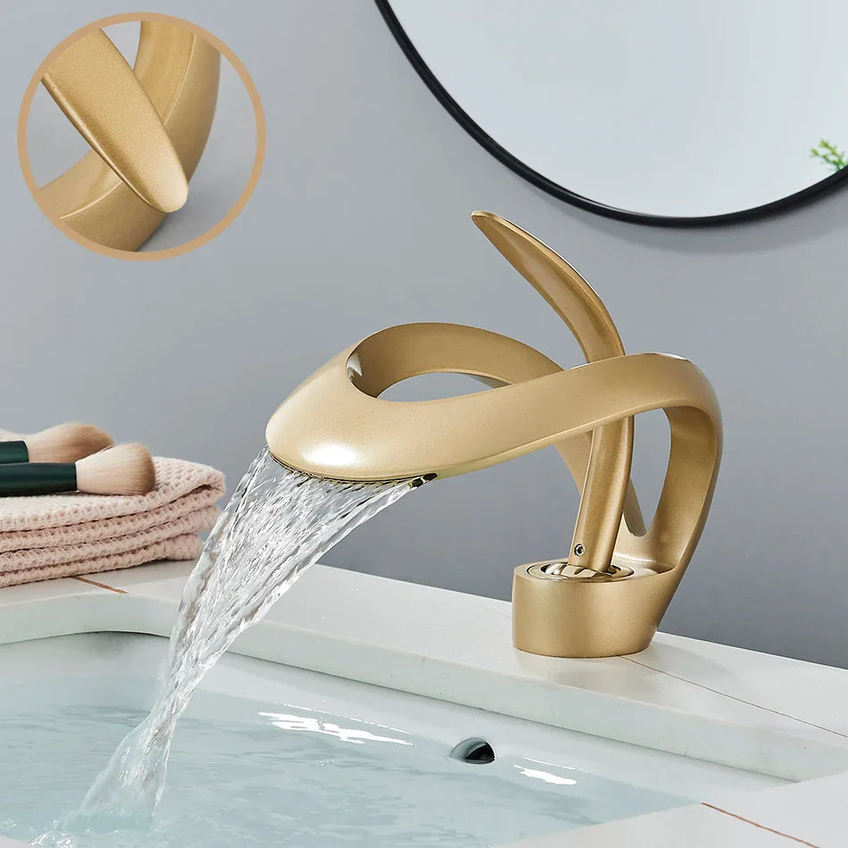 DecorBites™ Black Brass Waterfall Basin Faucet, Single Handle Deck Mount Vanity Tap