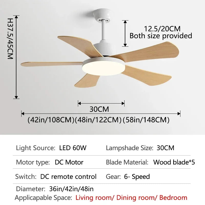 Decorbites™ 48" Schlafzimmer Restaurant Deckenventilator mit 5 Holzflügeln, DC-Motor, LED-Licht, Fernbedienung