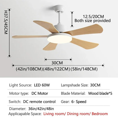 Decorbites™ 48" Schlafzimmer Restaurant Deckenventilator mit 5 Holzflügeln, DC-Motor, LED-Licht, Fernbedienung