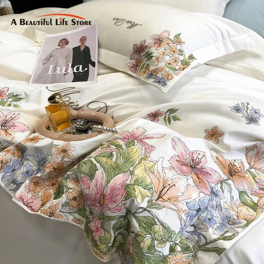 DecorBites™ Egyptian Cotton Flowers Embroidery Luxury Bedding Set - Queen King Size