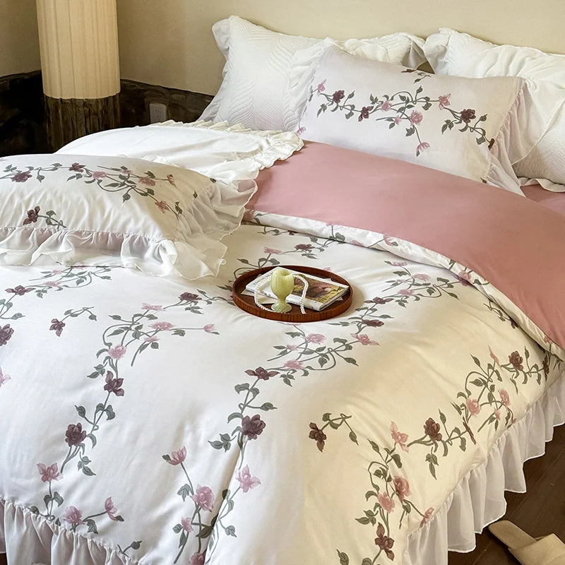 Decorbites™ Spitzen-Volants-Prinzessin-Baumwoll-Bettwäsche-Set, Blumen-Quiltbezug, Mädchen-Hochzeits-Heimtextilien