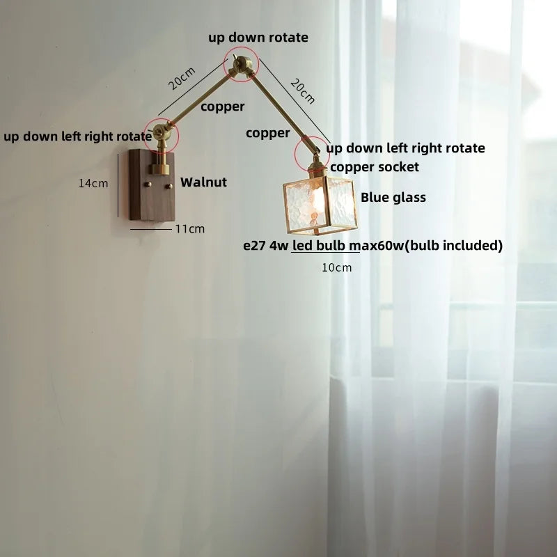 Decorbites™ LED-Wandlampe drehbar Glas Walnuss Schwingarme Flur Treppenlicht