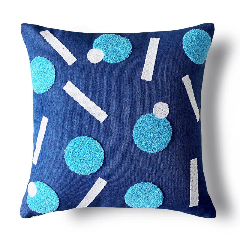 Blue Tufted Embroidered Pillow