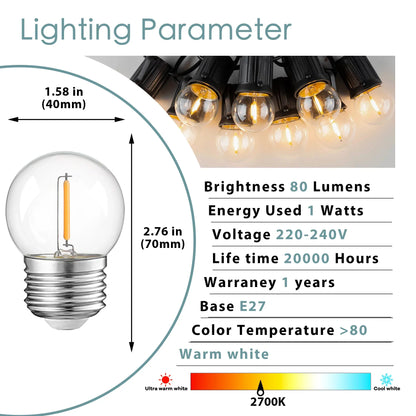 DecorBites™ G40 E27 1W Warm White Led String Light Bulbs - Set of 15