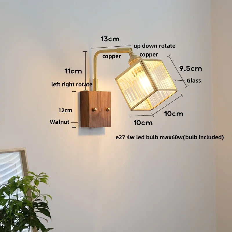 DecorBites™ LED Walnut Wood Cube Glass Wall Light with Pull Chain Switch
