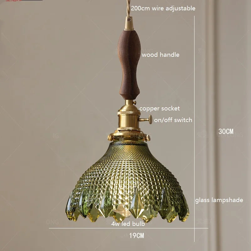 Decorbites™ Grüne Glas-LED-Hängeleuchte mit Kupfer-Holzgriff für modernes nordisches Heimdekoration