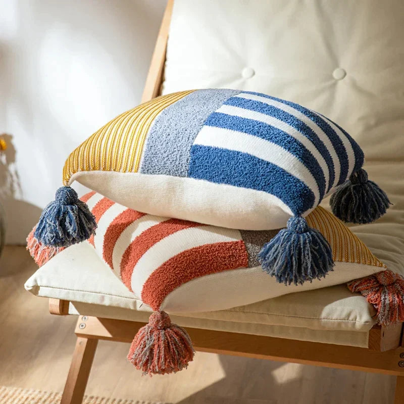 DecorBites™ Knit Stripe Pillow Cover Blue Pink Tassles 45x45cm Soft Living Room Bedroom