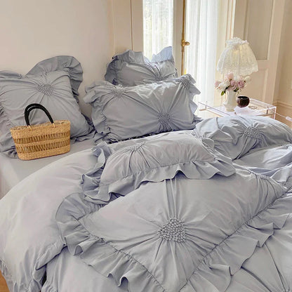 Decorbites™ Koreanische Prinzessin-Stil Bettwäsche-Set aus reinem Baumwollstoff mit Rüschen und Herzfalte