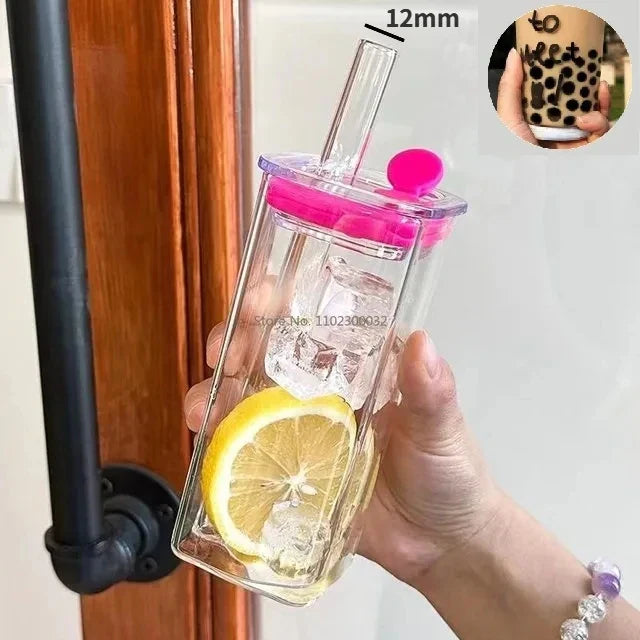 Decorbites™ hitzebeständiger Glasbecher mit Deckel und Trinkhalm für Kaffee, Milch, Tee, Saft