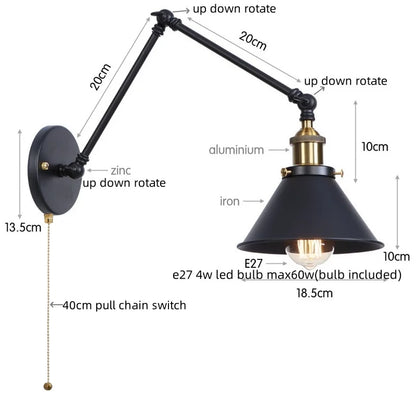 Decorbites™ Industrielles Loft-LED-Wandleuchte Schwarz Vintage Schwingarm-Spiegel-Licht