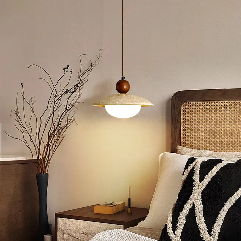Travertine Globe Pendant Light With White Glass