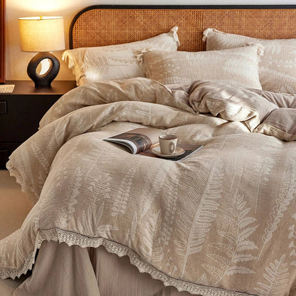 Decorbites™ Leinen-Baumwoll-Gesundheits-Krausgarn-Bettwäsche-Set mit Vintage-Spitze - Bettbezug, Laken, Kissenbezug