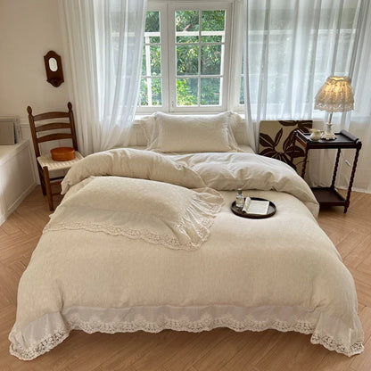 Decorbites™ Jacquard-Leinen-Baumwoll-Bettwäsche-Set mit Rüschen und französischer Spitze in natürlichem Hautton