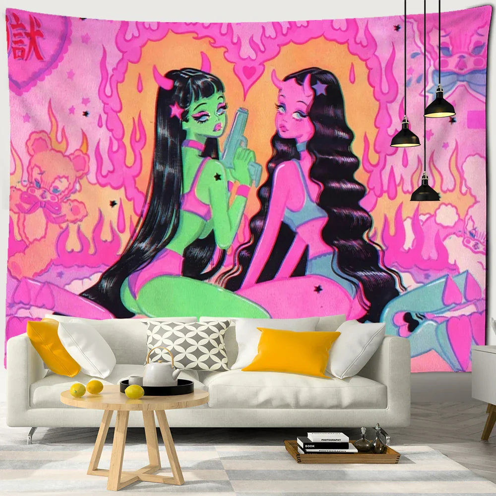 Decorbites™ Kawaii-Frauen-Tapisserie Anime-Mädchen-Illustration Ästhetische Kunst Hippie-Wohnheim-Dekoration