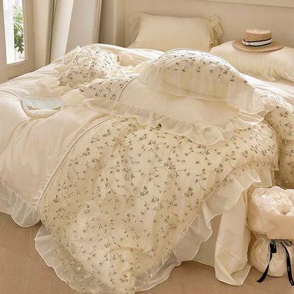 DecorBites™ French Princess Floral Lace Ruffles Bedding Set with Imitation Pearls