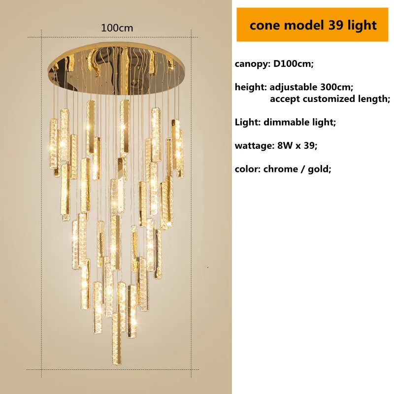 Decorbites™ Gold Chrom Stahl Kristall Anhängerleuchten mit dimmbarer LED für Villen-Treppe