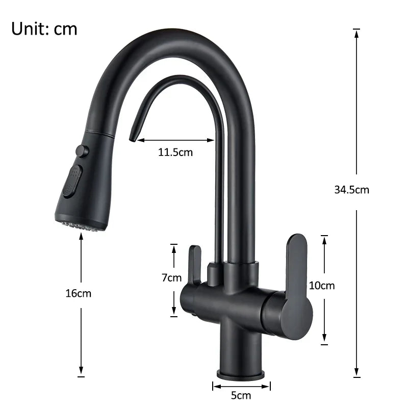 Decorbites™ 3-Wege-Wasserfilter-Küchenarmatur: Schwarzer & Goldener Kranich-Ausziehsprühkopf