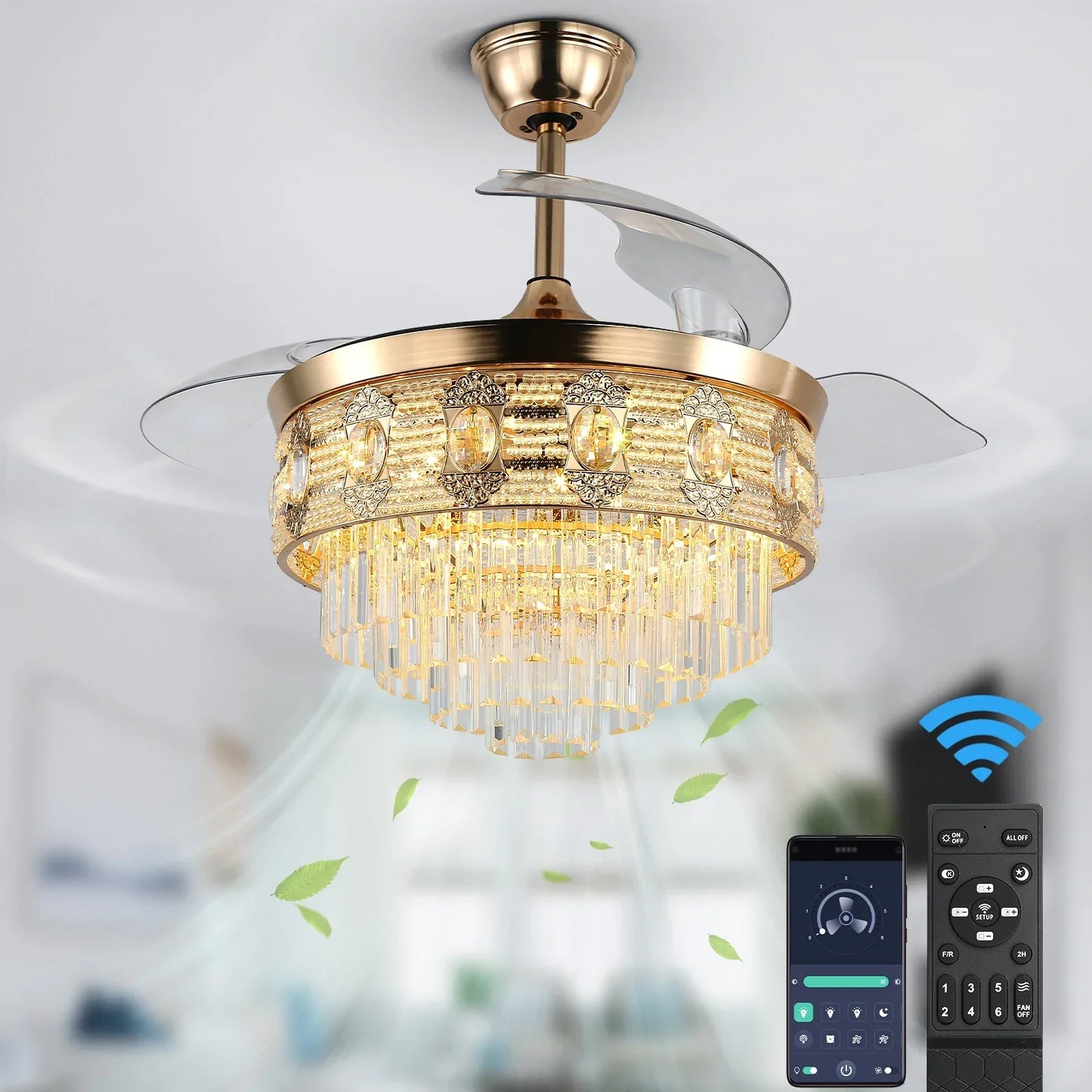 Decorbites™ Gold Smart-Deckenventilator-Leuchter mit LED-Lichtern, 6 Geschwindigkeiten, 3 Köpfe