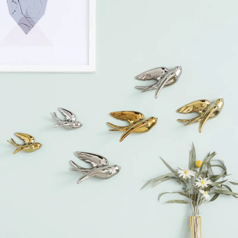Decorbites™ Goldener Vogel-Schwalben-Skulptur Wanddekoration Dreidimensionale Handwerkskunst