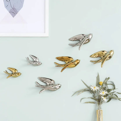 Decorbites™ Goldener Vogel-Schwalben-Skulptur Wanddekoration Dreidimensionale Handwerkskunst
