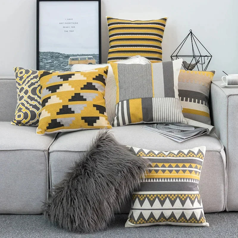 DecorBites™ Geometric Canvas Cotton Cushion Cover - Yellow Grey/White Embroidery Square Pillow Cover