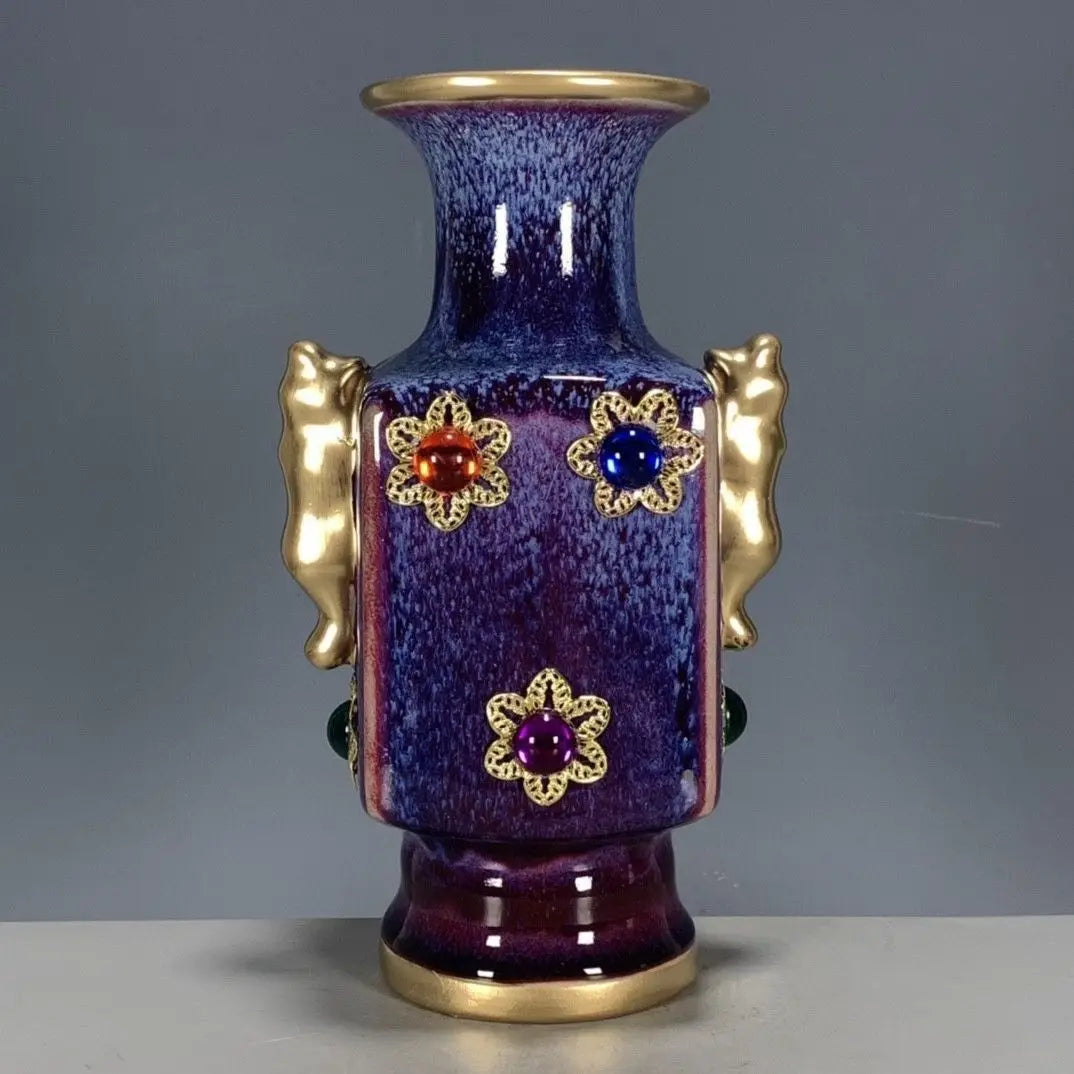 Decorbites™ Jun-Porzellan-Vase mit vergoldeten Einlagen aus Edelsteinen - Chinesische Wohnzimmer-Dekoration