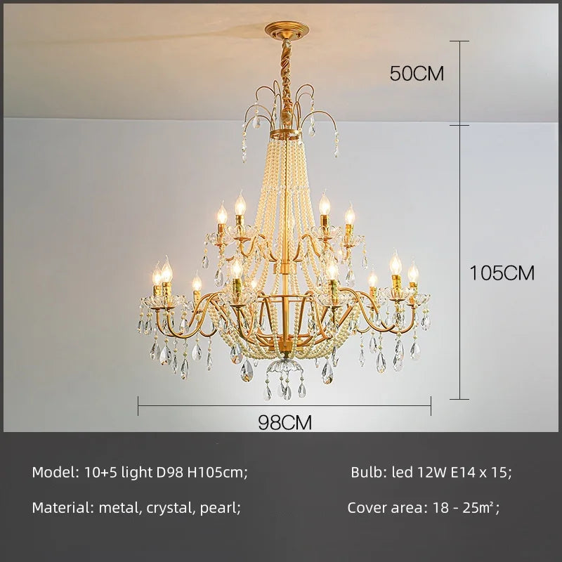 Gold Crystal Pearl Chandelier Iron D98cm
