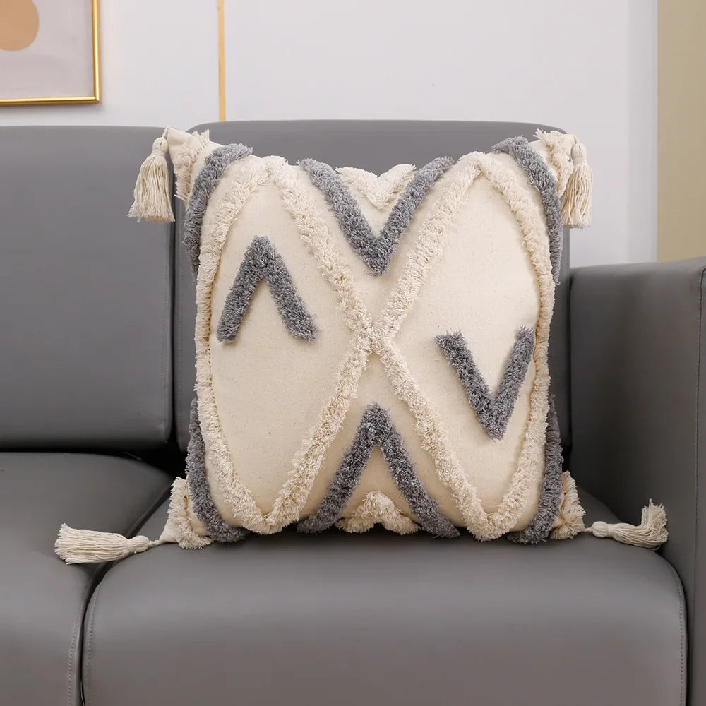 Decorbites™ Graues Geometrisches Tufted Kissenbezug mit Fransen, Deko für Zuhause & Auto Kissenbezug