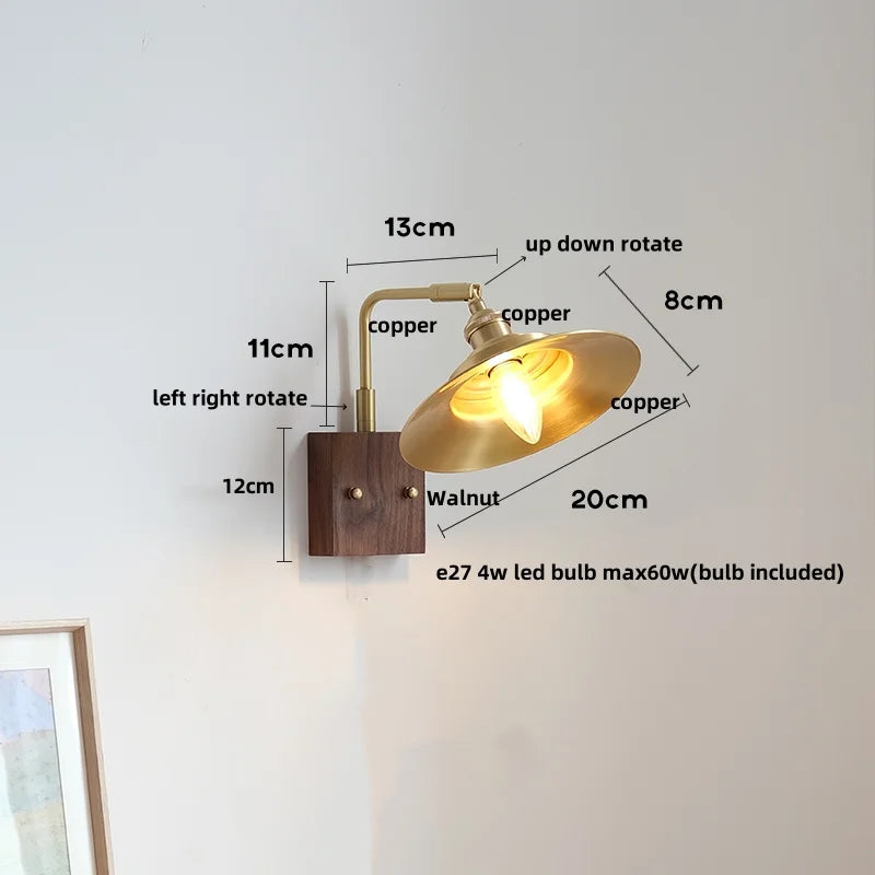 Decorbites™ LED-Wandleuchte aus Walnussholz, drehbar, Kupfer-Nachttischlampe