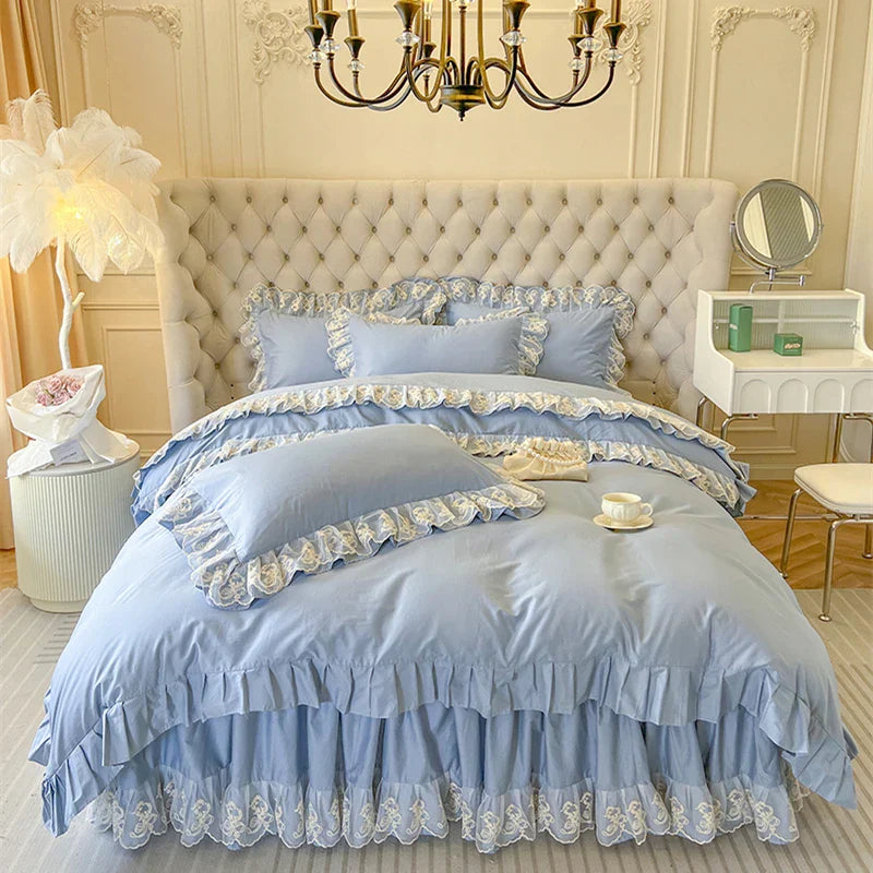DecorBites™ Korean Princess Lace Ruffles Bedding Set in Bean Paste Pink