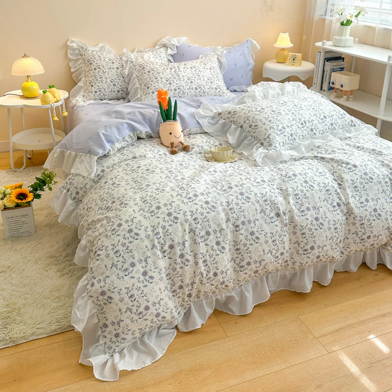 Decorbites™ Koreanische Prinzessin Blumen-Volants-Bettwäsche-Set: Einzel-/Queen-Duvet, Bezug & Kissenbezüge