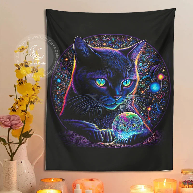 Decorbites™ Schwarze Katze Gobelin: Trippy Magischer Kristallkugel Wandkunst für Boho Heimdekoration