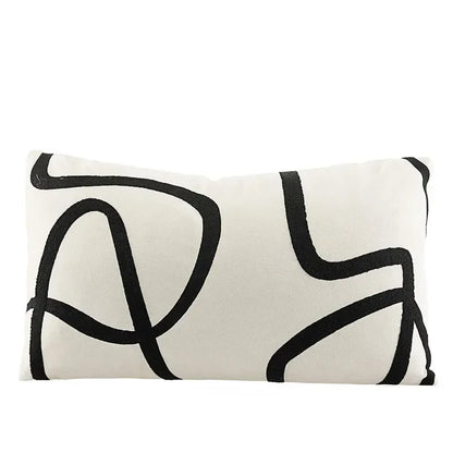 DecorBites™ Geometric Line Embroidered Pillowcase in Black White Beige Suede Canvas