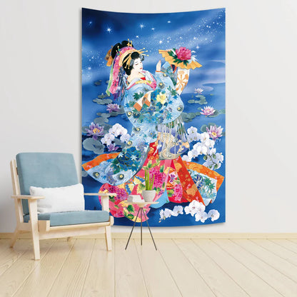 DecorBites™ Geisha in Kimono Tapestry - Sakura Background Home Decor
