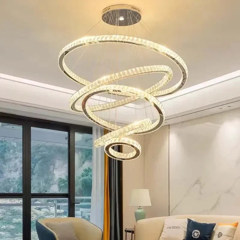 Decorbites™ Goldring-LED-Kronleuchter: Moderne lange Pendelleuchte für Villen-Treppenhäuser