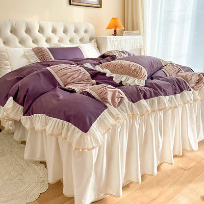 Decorbites™ Koreanische Prinzessinnen-Stil Baumwoll-Bettwäsche-Set mit Plissevolants und weichem Steppbettbezug