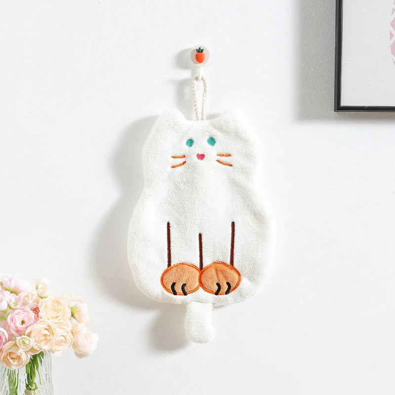 DecorBites™ Coral Plush Cat Microfiber Hand Towel: Cute Quick-Drying Kitchen Bathroom Accessory