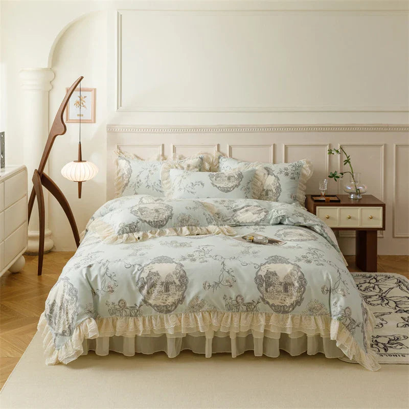 DecorBites™ French Country Flowers Print Bedding Set with Lace Ruffles