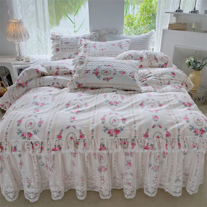 DecorBites™ French Floral Print Bedding Set: Duvet Cover, Lace Ruffles, Quilted Embroidery, Pillowcases