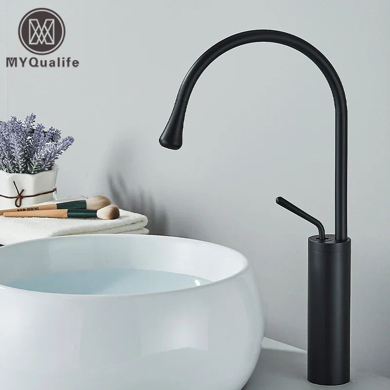 DecorBites™ Gold Tall Basin Faucet, 360 Swivel Waterfall Mixer for Bathroom Washbasin