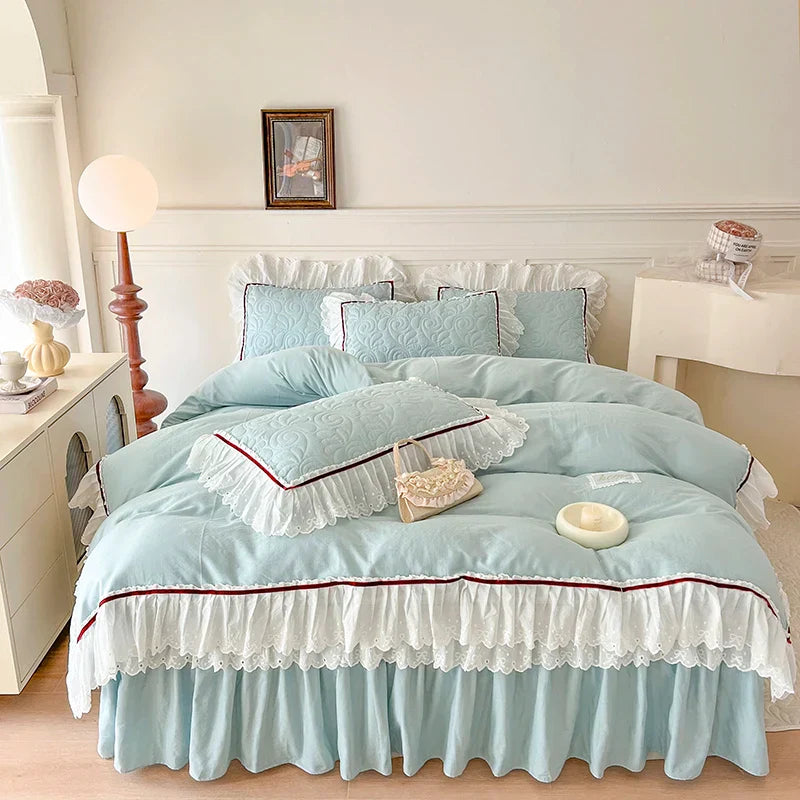 Decorbites™ Spitzen-Volants-Bettwäsche-Set: 4-teilig, einfarbiges Prinzessinnen-Bettüberzug, Bettrock, 100% Baumwoll-Kissenbezug